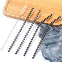 Charger l'image dans la galerie, Set of reusable stainless steel straws in straight and bent designs, with a cleaning brush.