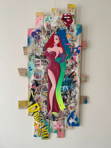 Tableau POP Art Jessica Rabbit, peinture acrylique sur planches de palette, style éclectique et coloré.
