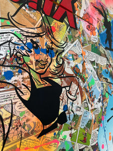 Pop Art tableau featuring Falbala from Astérix, with vibrant colors and mixed media techniques.
