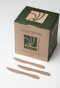 Boîte kraft de 400 couteaux en canne à sucre réutilisables, Made in France, 16 cm, design écologique.