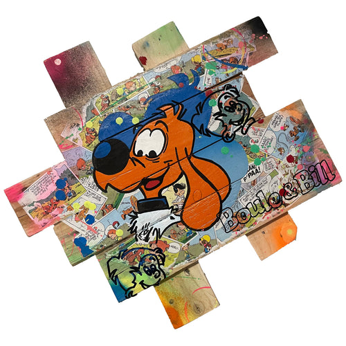 Tableau Pop Art sur bois de palette représentant Boule et Bill avec couleurs vives et éléments de bande dessinée.