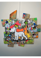 Cargar imagen en el visor de la galería, Pop art tableau of Tintin&#39;s dog Milou, crafted on a custom wooden palette with vibrant colors and comic elements.