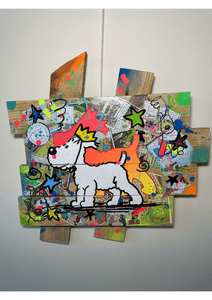 Pop art tableau of Tintin's dog Milou, crafted on a custom wooden palette with vibrant colors and comic elements.