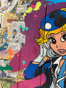 Tableau POP Art Natacha, une œuvre colorée avec Natacha en personnage principal sur panneaux de palette recyclés.