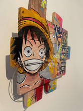 Carica l&#39;immagine nel visualizzatore di Gallery, Tableau POP Art One Piece featuring Monkey D. Luffy on rustic wooden panels with vibrant colors.