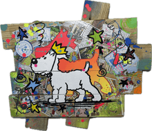 Cargar imagen en el visor de la galería, Pop art artwork of Tintin&#39;s dog Milou on a custom wood palette base with colorful elements and comic strips.