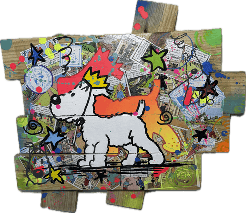 Pop art artwork of Tintin's dog Milou on a custom wood palette base with colorful elements and comic strips.