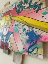 Charger l&#39;image dans la galerie, Pop art tableau featuring Sailor Moon on wooden palette with colorful splashes and graphic elements.