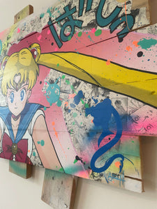 Pop art tableau featuring Sailor Moon on wooden palette with colorful splashes and graphic elements.