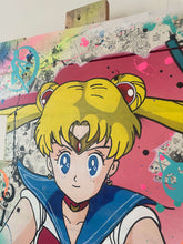 Charger l&#39;image dans la galerie, Pop art tableau featuring Sailor Moon on a colorful wood palette, showcasing vibrant colors and artistic details.