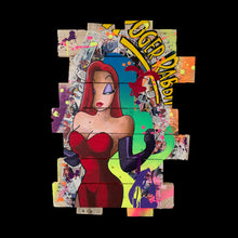 Load image into Gallery viewer, Tableau Pop Art de Jessica Rabbit sur bois recyclé, vibrant et coloré, hommage à l&#39;icône de Roger Rabbit.
