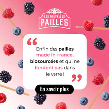 Charger l&#39;image dans la galerie, Illustration of eco-friendly, French-made straws surrounded by berries, promoting their resistance in drinks.