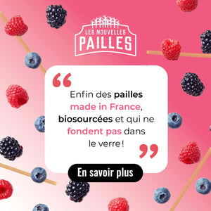 Illustration of eco-friendly, French-made straws surrounded by berries, promoting their resistance in drinks.