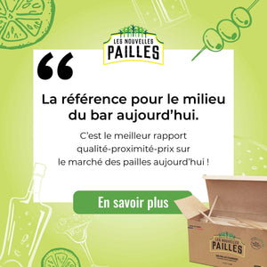 Citation sur les meilleures pailles pour les bars, mettant en avant qualité et prix, avec une image de boîte.