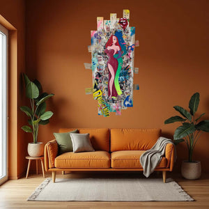 Pop Art tableau featuring Jessica Rabbit in a vibrant design, displayed on an orange wall above a cozy sofa.
