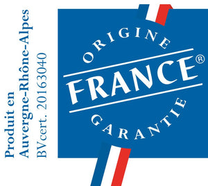 Label indicating "Origine France Garantie" from Auvergne-Rhône-Alpes region, showcasing French product authenticity.