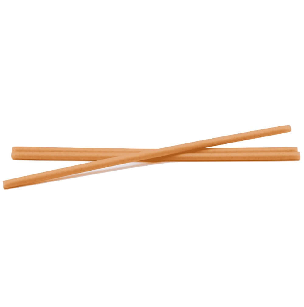 Two eco-friendly bagasse straws, made from sugarcane, ideal for cocktails and soft drinks.