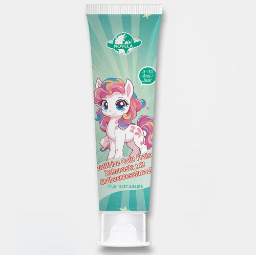 Dentifrice Enfant Novela goût fraise, fluide actif, pour enfants de 3 à 10 ans, tube coloré avec un poney mignon.