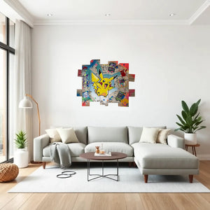 Tableau Pop Art Pikachu sur bois recyclé, décor vibrant pour salon moderne, mettant en avant l'énergie joyeuse de Pikachu.
