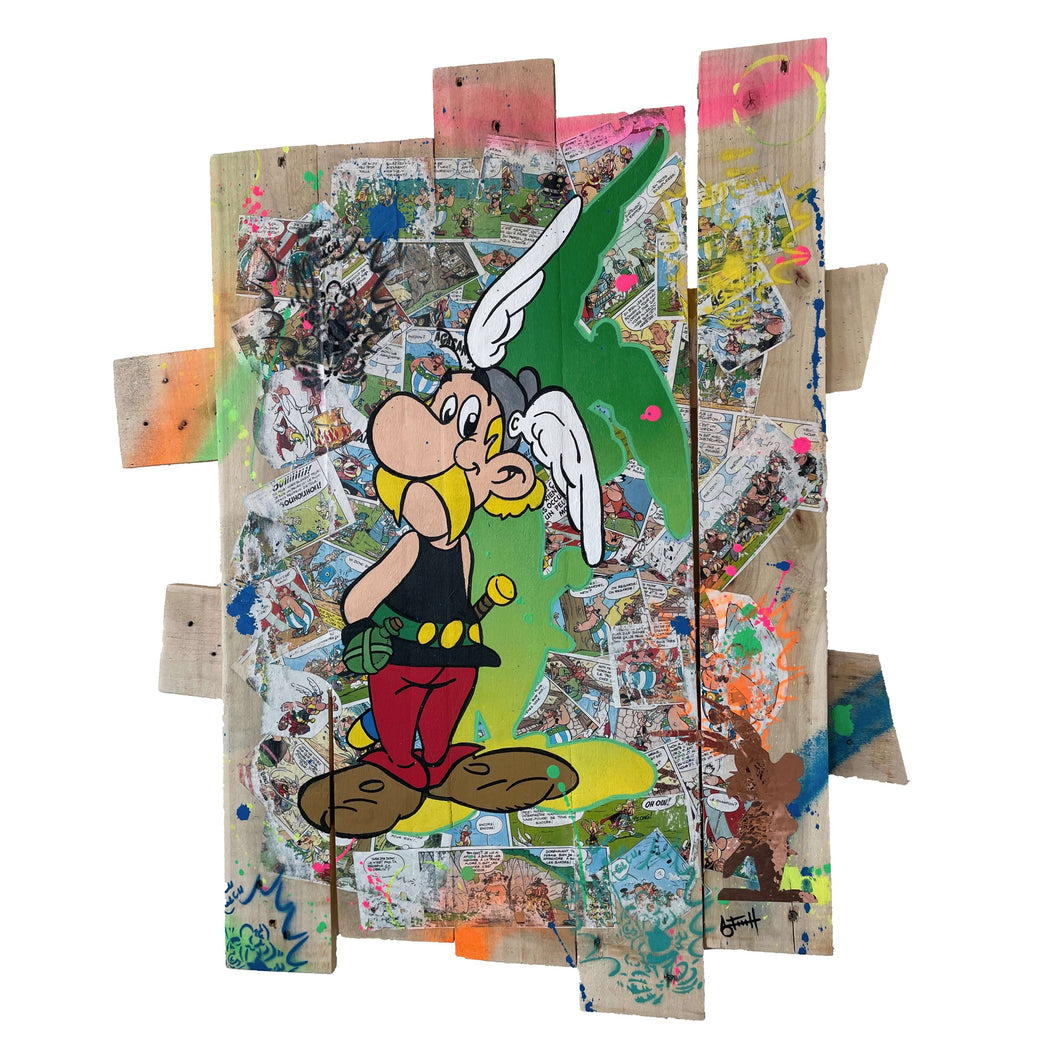 Tableau POP Art Astérix sur palette recyclée, featuring vibrant colors and textured wood background.