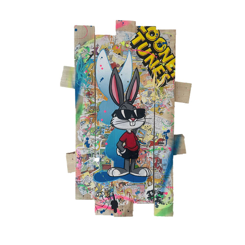 Tableau Pop Art Bugs Bunny on palette wood with vibrant colors and playful design.