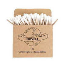 Charger l&#39;image dans la galerie, Boîte de 100 coton-tiges biodégradables en bois, une option écologique pour le soin des oreilles.