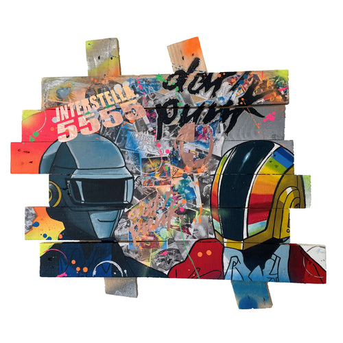 Tableau POP Art Daft Punk avec personnages d'Interstella 5555, réalisé sur planches de palette en peinture acrylique.