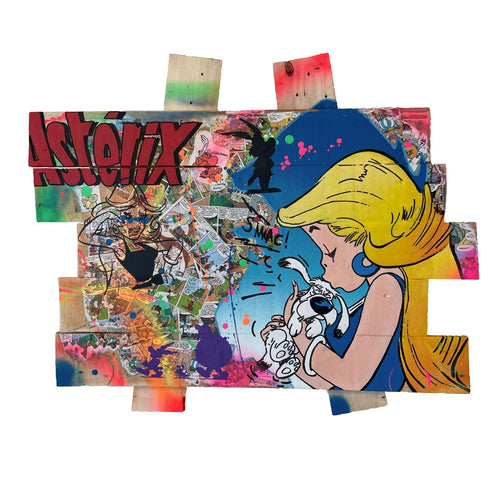 Tableau POP Art Falbala featuring colorful artwork of Asterix characters on wooden palette boards.
