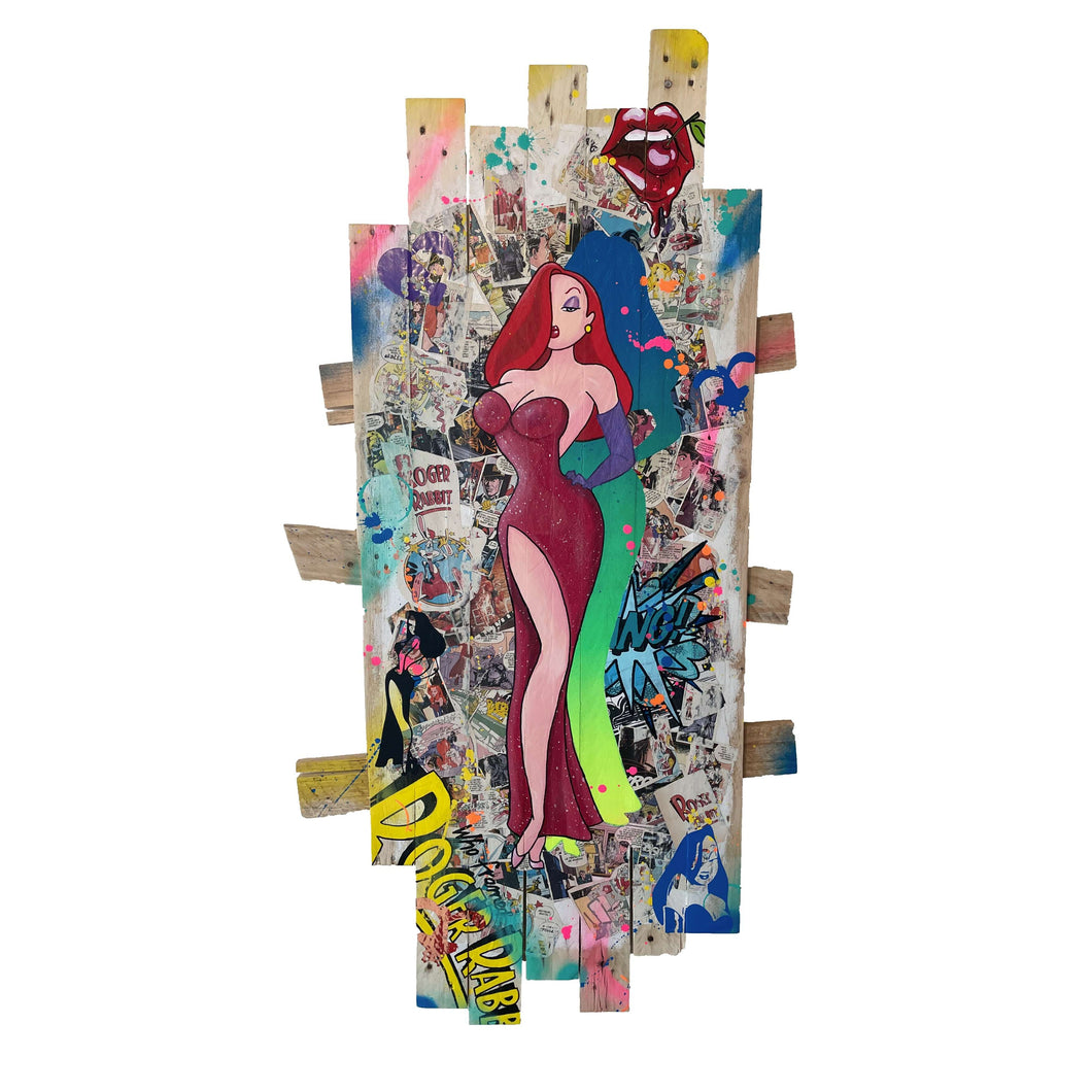 Tableau POP Art représentant Jessica Rabbit sur une palette colorée, fusionnant techniques et matériaux pour une œuvre unique.