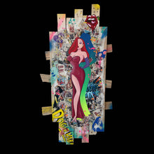 Charger l&#39;image dans la galerie, Tableau Pop Art de Jessica Rabbit sur planches de palette, avec couleurs vives et éléments de collage.