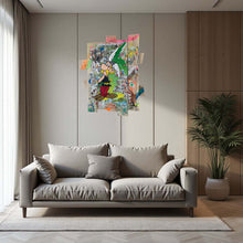 Carica l&#39;immagine nel visualizzatore di Gallery, Tableau POP Art Astérix en bois recyclé, avec des couleurs vives, accroché au mur d&#39;un salon moderne.