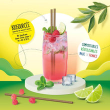 Charger l&#39;image dans la galerie, Cocktail with eco-friendly bagasse straws, garnished with mint and raspberries, highlighting compostable features.