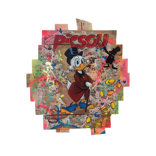 Tableau POP art Picsou sur bois de palette, réalisée avec couleurs vives et éléments de bandes dessinées.