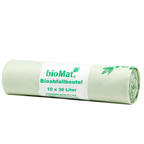 Roll of 10 compostable 30-liter trash bags by bioMat, perfect for eco-friendly waste disposal.