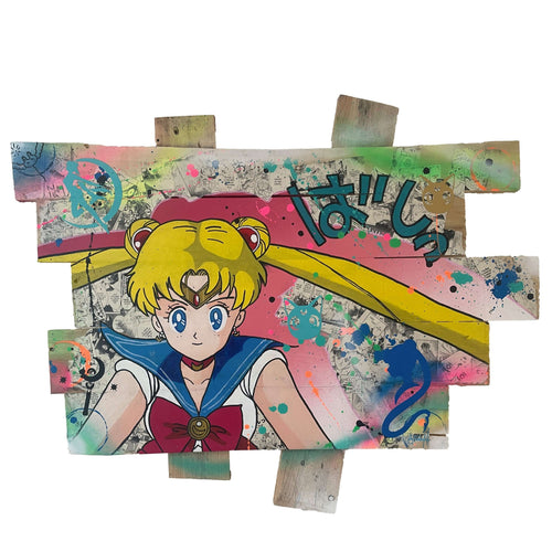 Pop art tableau of Sailor Moon on a wooden palette, featuring vibrant colors and playful graffiti elements.