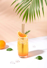 Load image into Gallery viewer, Cocktail glass with a gold straw, orange slice, and palm leaf in a bright setting, showcasing eco-friendly drinking.