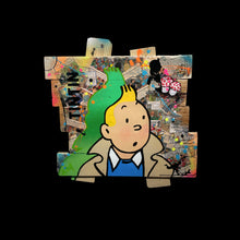 Load image into Gallery viewer, Pop Art Tintin artwork featuring a vibrant mixed media portrait of Tintin with dynamic colors and textures.