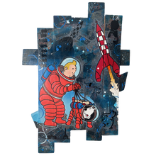Carica l&#39;immagine nel visualizzatore di Gallery, Tableau Tintin Milou pop art, œuvre unique représentant Tintin et Milou en astronautes avec une fusée.